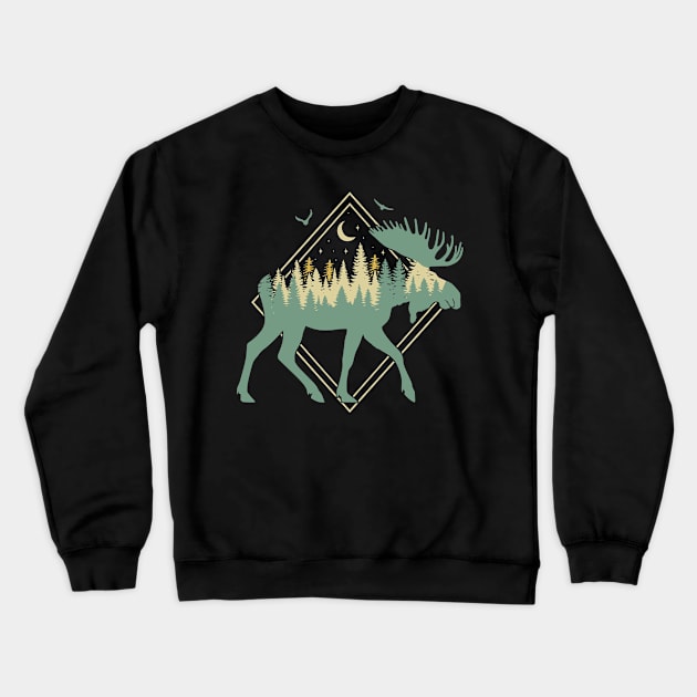 Moose Silhouette - Moose Wildlife Forest - Retro Moose Lover Crewneck Sweatshirt by OrangeMonkeyArt